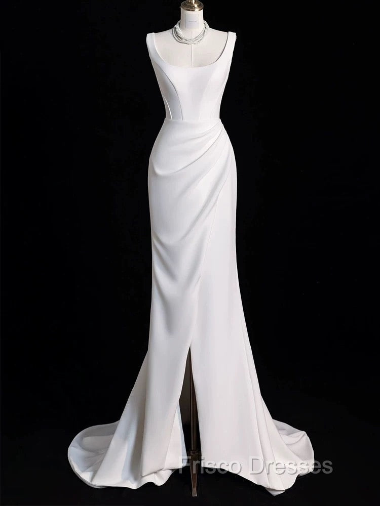 Chic Sheath Square Neckline Sleeveless White Satin Slit Wedding Dress With Ruffles