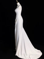 Chic Sheath Square Neckline Sleeveless White Satin Slit Wedding Dress With Ruffles