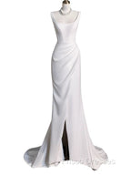 Chic Sheath Square Neckline Sleeveless White Satin Slit Wedding Dress With Ruffles