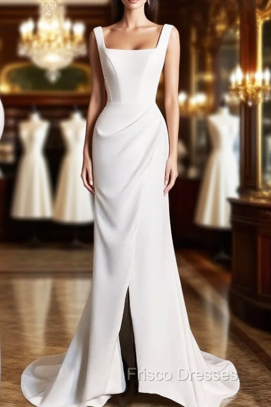 Chic Sheath Square Neckline Sleeveless White Satin Slit Wedding Dress With Ruffles