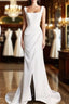 Chic Sheath Square Neckline Sleeveless White Satin Slit Wedding Dress With Ruffles