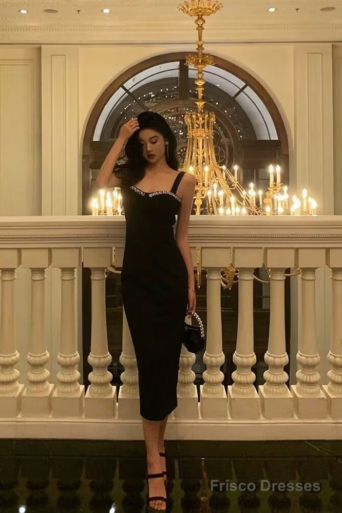 Chic Sheath Straps Black Satin Prom Dresses With Beads Birthday Dress