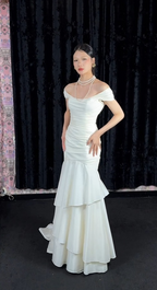 Chic Mermaid White Bridal Shower Dresses Chiffon Off-Shoulder Long Evening Dresses