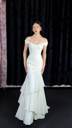 Chic Mermaid White Bridal Shower Dresses Chiffon Off-Shoulder Long Evening Dresses