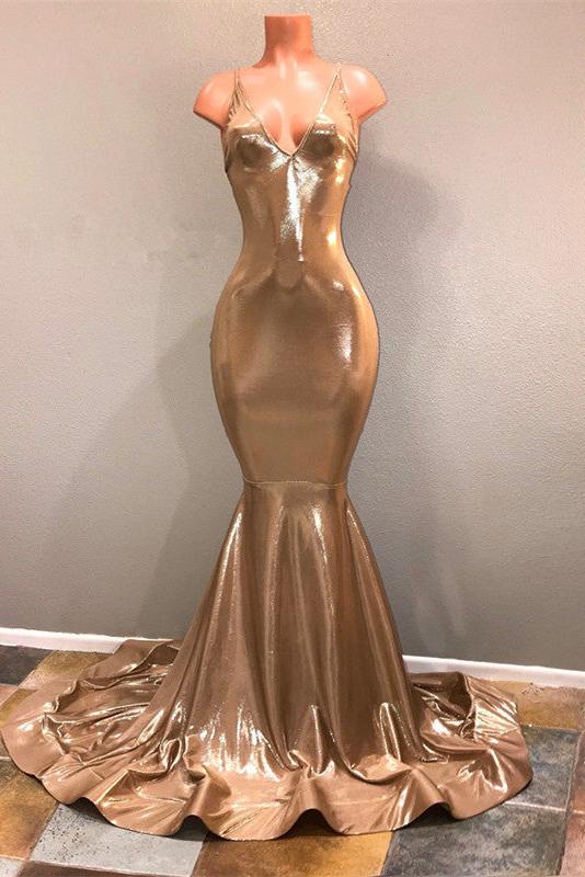 Chic Spaghetti Strap Gold Prom Dress, Sleeveless Prom Party Gowns
