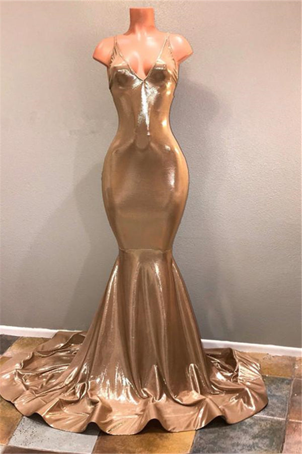 Chic Spaghetti Strap Gold Prom Dress, Sleeveless Prom Party Gowns Main image
