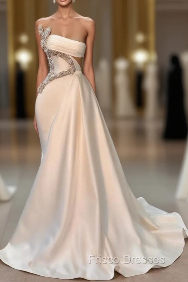 Chic Strapless Sleeveless Waist Hollow Beaded Empire Ruched Satin Formal Prom Dress Main image