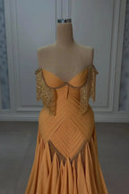 Chic Sweetheart Strapless Sleeveless Prom Dresses A-Line Beads With Pleats Tassel