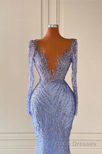 Chic V-Neck Long Sleeves Mermaid Formal Prom Dresses with Beads