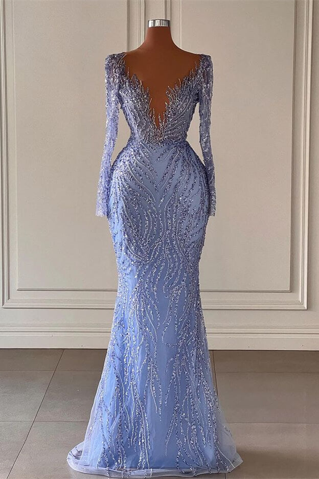Chic V-Neck Long Sleeves Mermaid Prom Dresses With Beads Main image