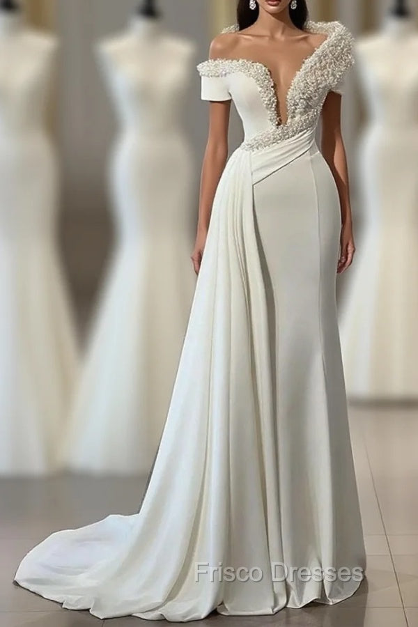 Chic V-neck Off-the-shoulder Beading Sleeveless Mermaid Bridal Dress