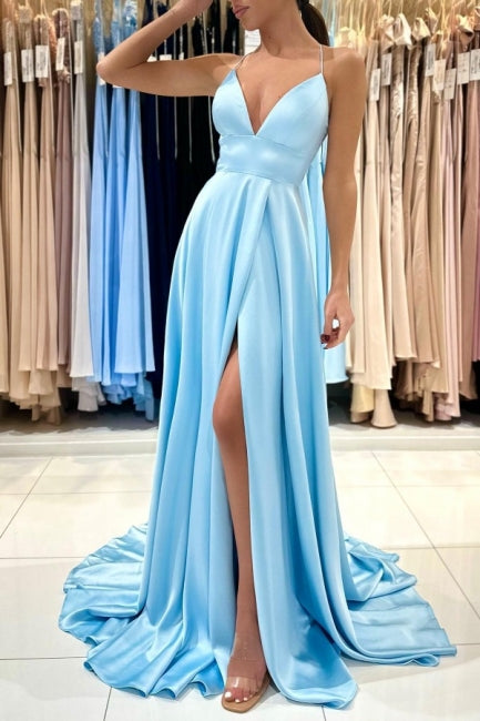 Chic V-Neck Sleeveless Satin Evening Dress With Slit Long Blue Main image