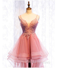 Chic V-neckline Lace Applique Tulle High Low Straps Homecoming Dress, Tulle Short Formal Prom Dress