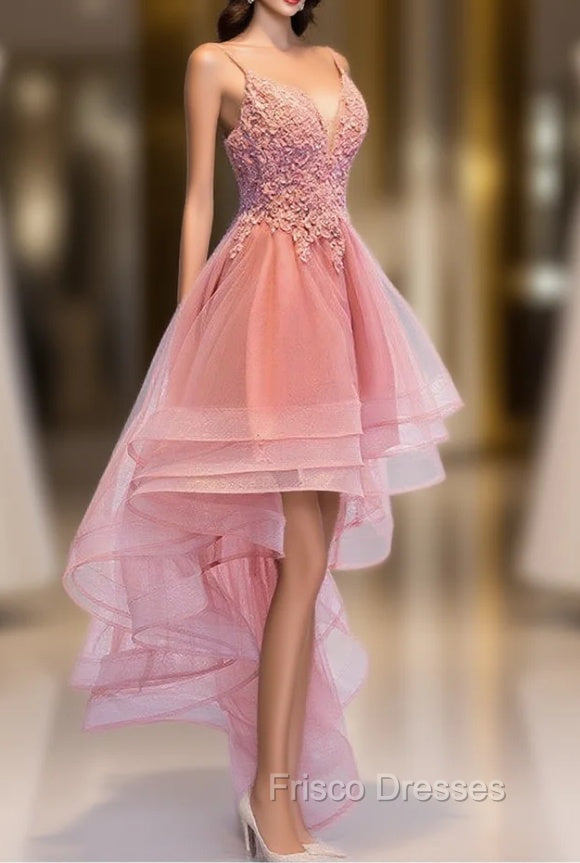 Chic V-neckline Lace Applique Tulle High Low Straps Homecoming Dress, Frisco Dresses Chic V-neckline Lace Applique Tulle High Low Straps Homecoming Dress, Frisco Dresses