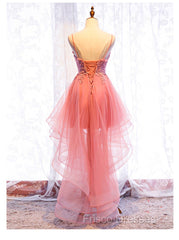 Chic V-neckline Lace Applique Tulle High Low Straps Homecoming Dress, Tulle Short Formal Prom Dress