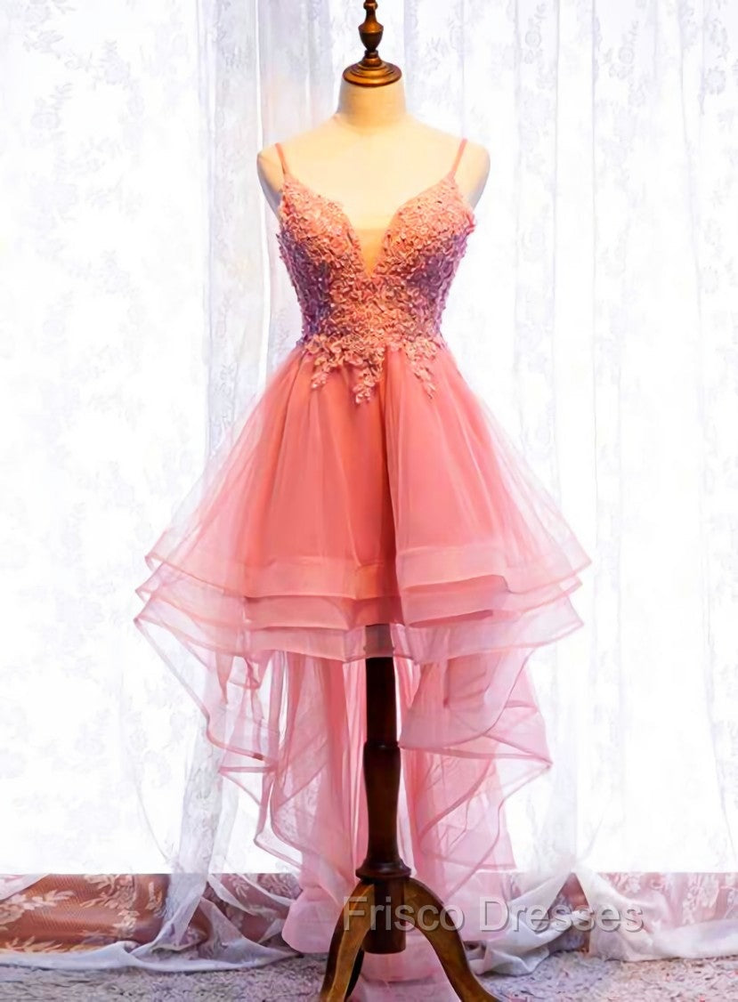 Chic V-neckline Lace Applique Tulle High Low Straps Homecoming Dress, Tulle Short Formal Prom Dress Main image
