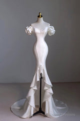 Chic White Satin Sweetheart Beaded Wedding Party Dress, White Satin Formal Dress