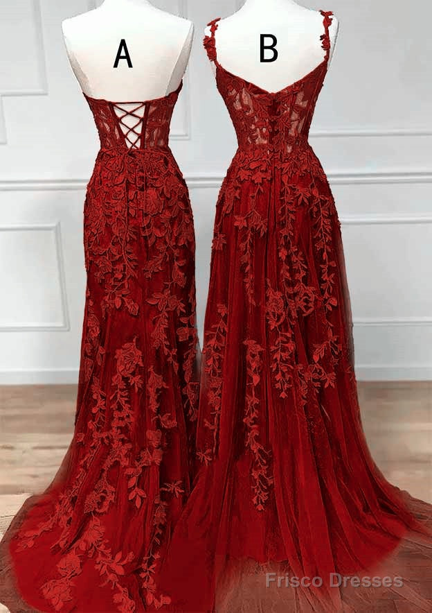 Chic Wine Red Lace And Tulle Sweetheart Party Dress, Wine Red Long Prom Dress Secondary image