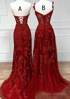 Chic Wine Red Lace And Tulle Sweetheart Party Dress, Wine Red Long Prom Dress