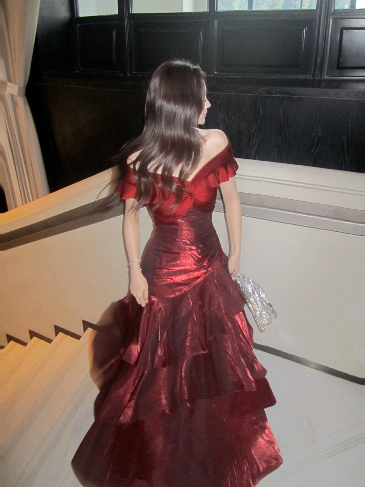 Chic Wine Red Off Shoulder Satin Layers Long Prom Dress, Wine Red V-Neckline Evening Dress Main image