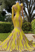 Chic Yellow Long Mermaid High Neck Tulle Lace Formal Prom Dress with Sleeves