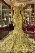 Chic Yellow Long Mermaid High Neck Tulle Lace Formal Prom Dress with Sleeves