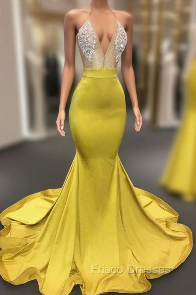 Chic Yellow Sleeveless Crystals Sheer Tulle Formal Prom Dress New Arrival Mermaid Formal Evening Gowns Main image