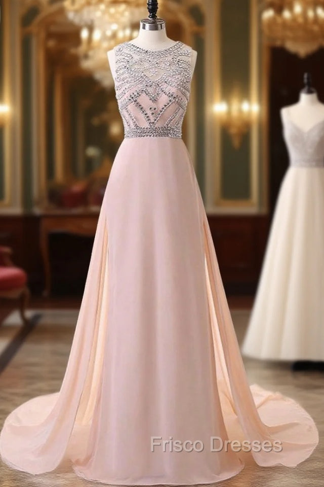 Chiffon Beaded Scoop A Line Light Blue Evening Dress Long Main image