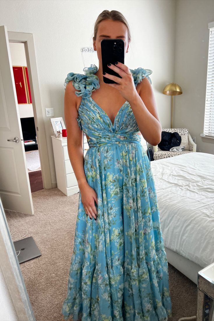 Blue Elegant Chiffon Floral Long Prom Dress Evening Gown Garden Party Dress Main image