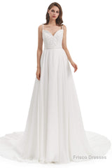 Chiffon Lace Spaghetti Straps Beading Wedding Dresses