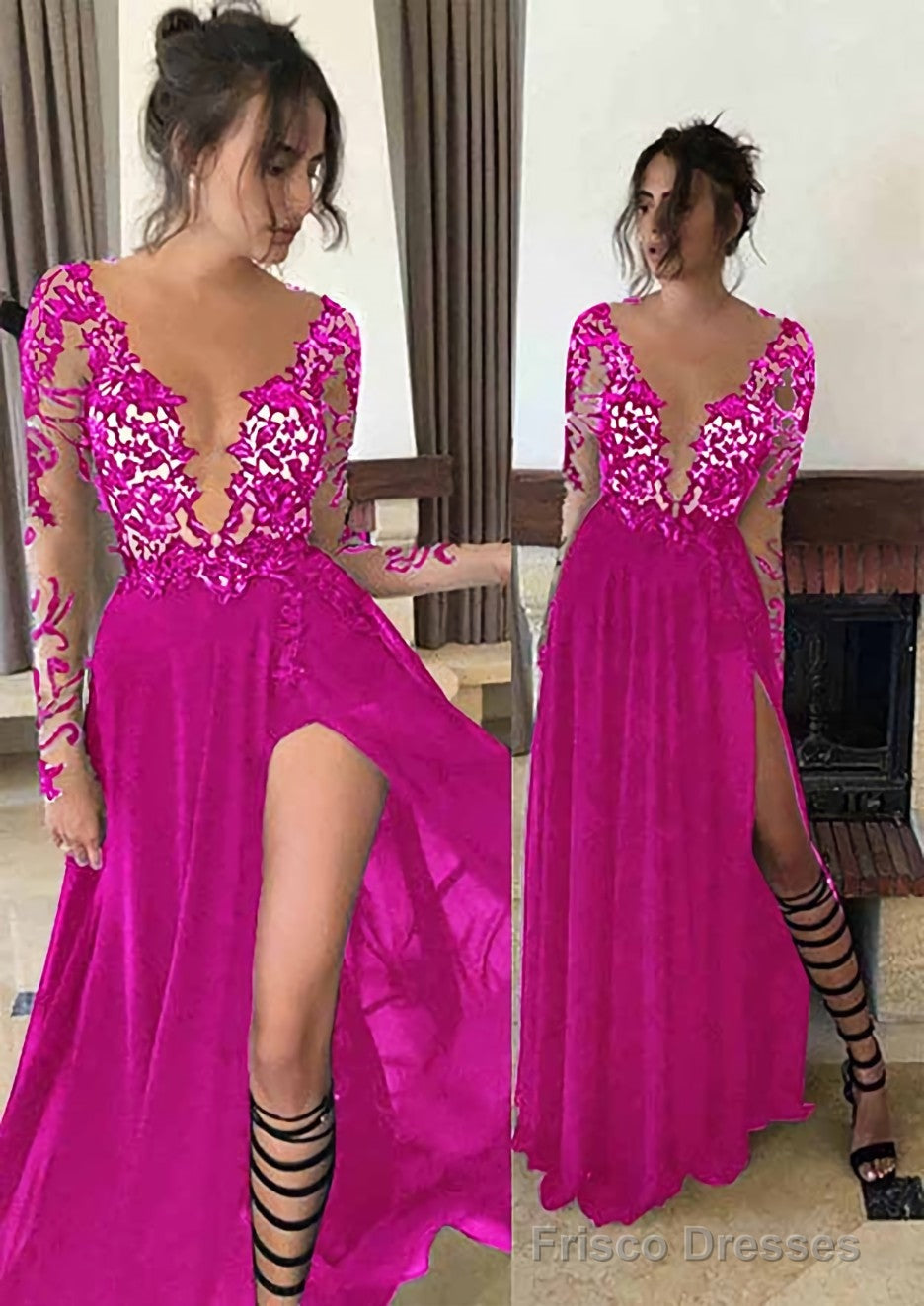 Chiffon Long/Floor-Length A-Line/Princess Full/Long Sleeve Bateau Zipper Up At Side Prom Dresses With Appliqued