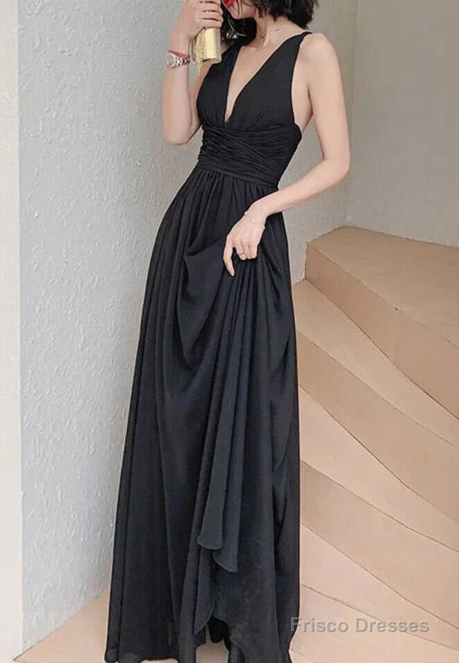 Simple V Neck Chiffon Black Long Prom Dress, Black Evening Dresses Main image