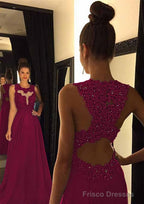 Chiffon Prom Dresses A-Line/Princess Scoop Neck Sweep Train With Appliqued Beaded