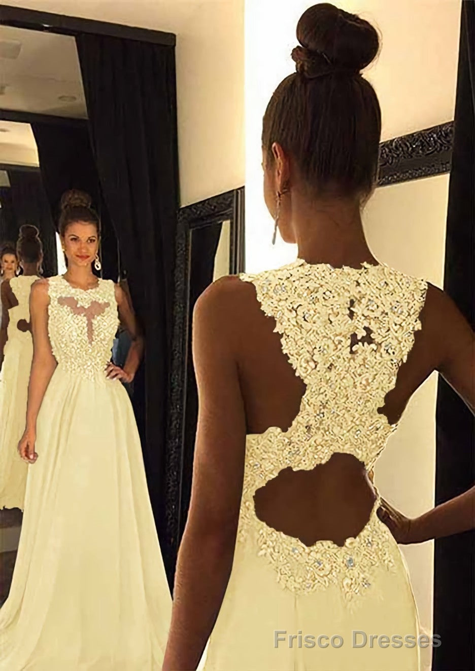 Chiffon Prom Dresses A-Line/Princess Scoop Neck Sweep Train With Appliqued Beaded