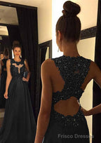 Chiffon Prom Dresses A-Line/Princess Scoop Neck Sweep Train With Appliqued Beaded