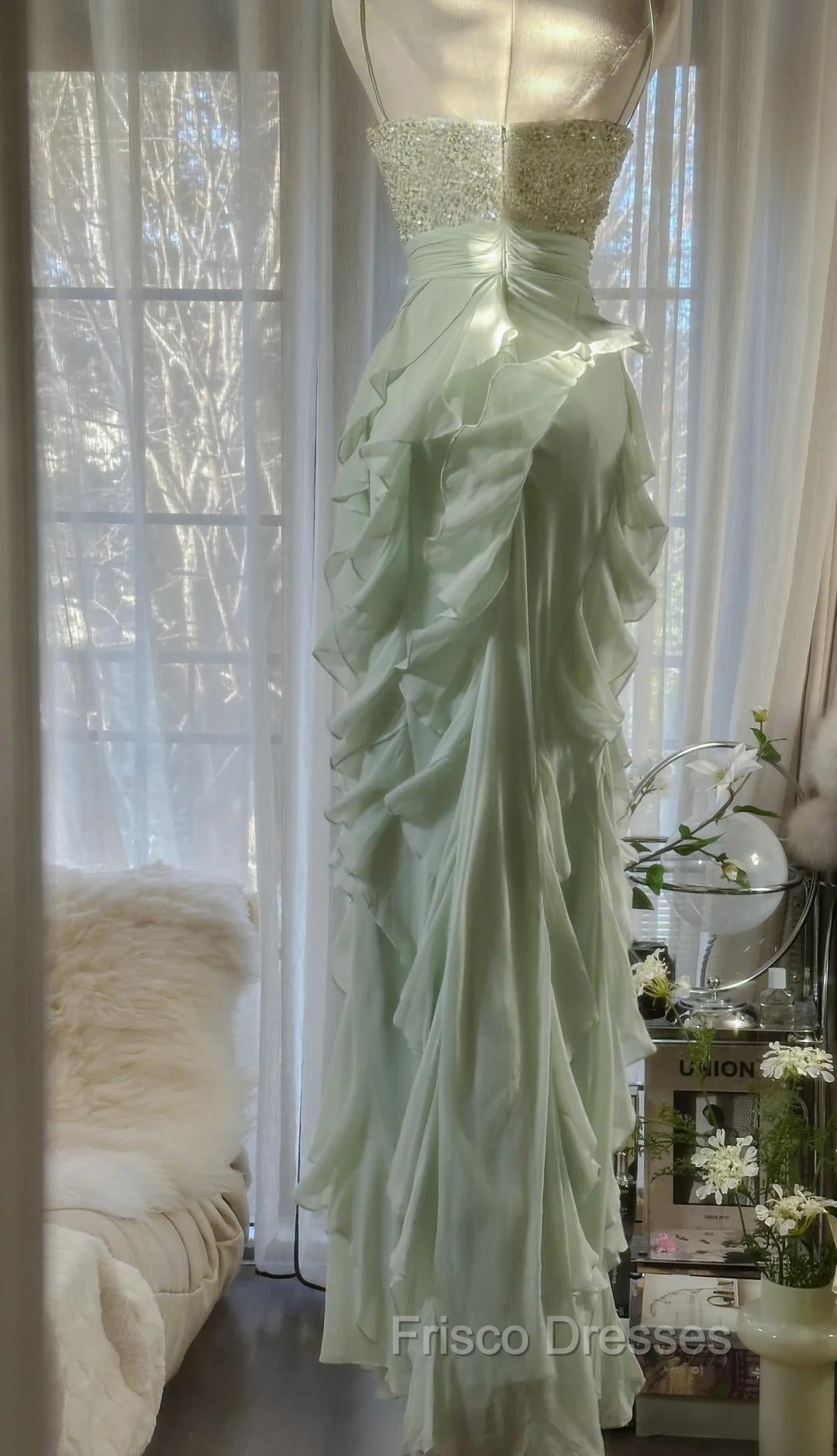 Chiffon Sheath Spaghetti Strap Ruffled Formal Prom Dress With Beading Evening Dress Secondary image