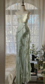 Chiffon Sheath Spaghetti Strap Ruffled Formal Prom Dress With Beading Evening Dress