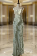 Chiffon Sheath Spaghetti Strap Ruffled Formal Prom Dress With Beading Evening Dress