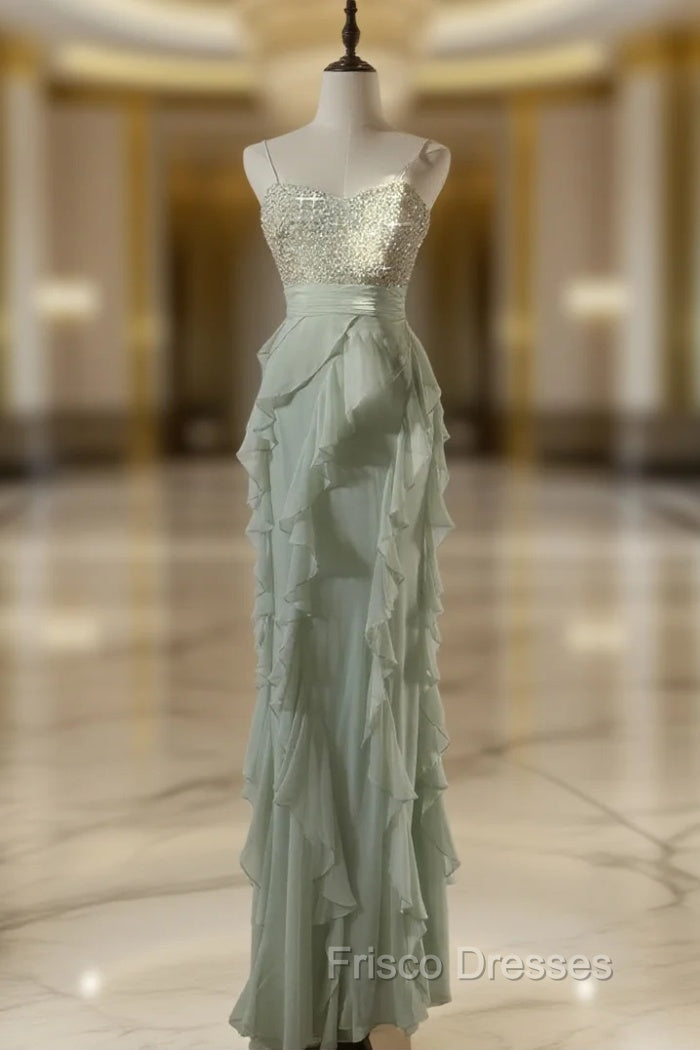 Chiffon Sheath Spaghetti Strap Ruffled Formal Prom Dress With Beading Evening Dress