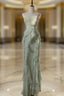 Chiffon Sheath Spaghetti Strap Ruffled Formal Prom Dress With Beading Evening Dress
