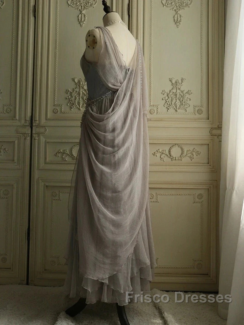 Chiffon Spaghetti Straps Transparent Beads Sweetheart Neck Grey Long Formal Prom Dress Secondary image