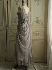 Chiffon Spaghetti Straps Transparent Beads Sweetheart Neck Grey Long Prom Dress