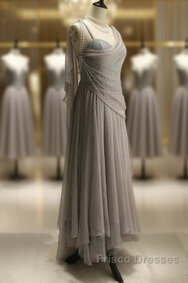 Chiffon Spaghetti Straps Transparent Beads Sweetheart Neck Grey Long Formal Prom Dress Main image