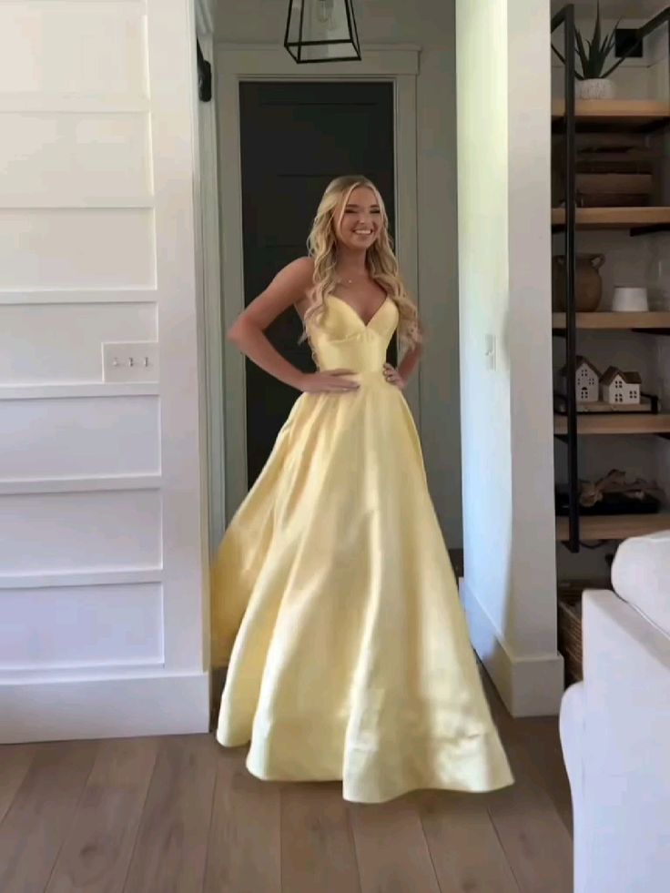Classic A Line Spaghetti Straps Pastel Yellow Satin Long Prom Dresses Formal Dress Main image