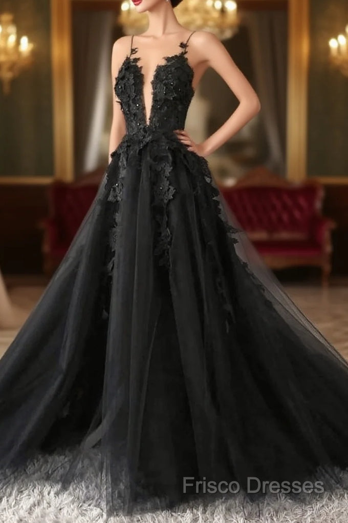 Classic Black Lace Tulle Long Formal Prom Dress Black Formal Dress Main image