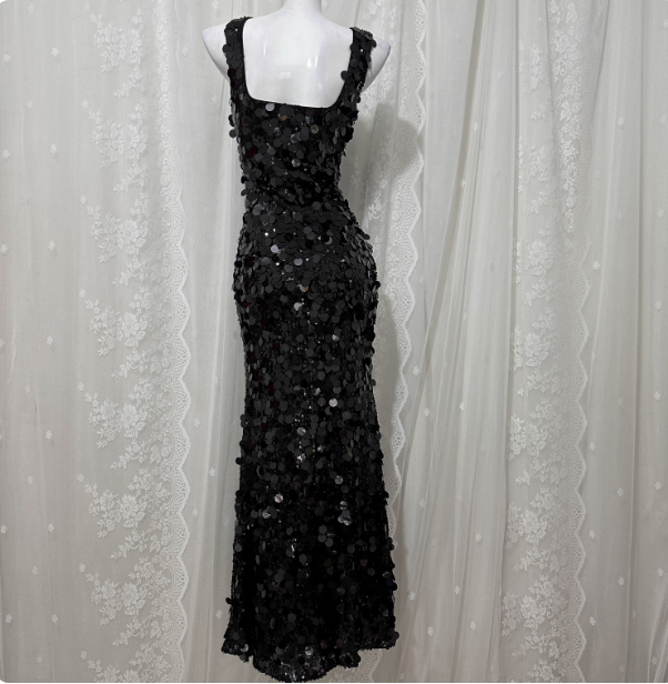 Classic Black Mermaid Square Neck Spaghetti Strap Sequin Long Prom Dress Evening Dress Secondary image