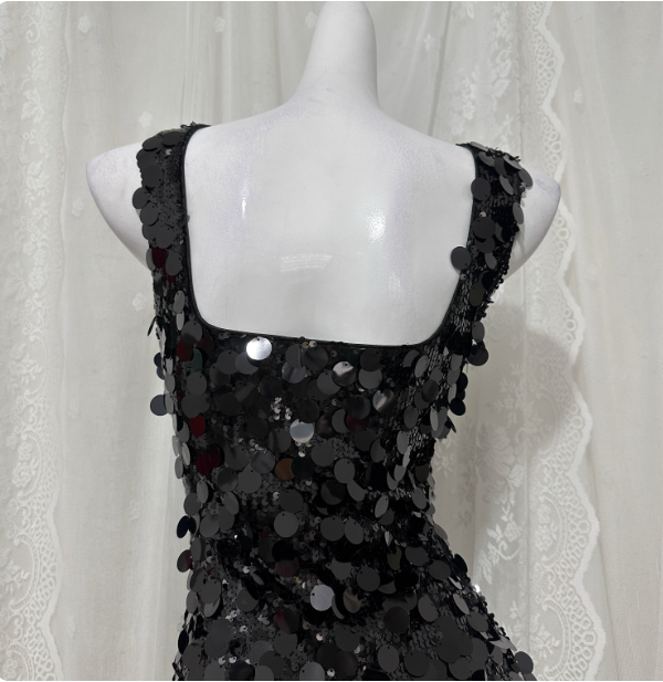 Classic Black Mermaid Square Neck Spaghetti Strap Sequin Long Prom Dress Evening Dress