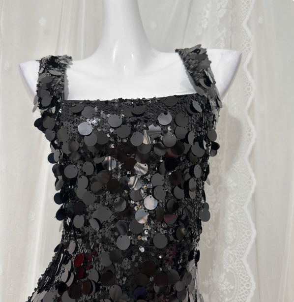 Classic Black Mermaid Square Neck Spaghetti Strap Sequin Long Prom Dress Evening Dress