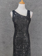Classic Black Slim-Fit Asymmetric Neck Sequin Tulle Long Prom Dress Evening Dress