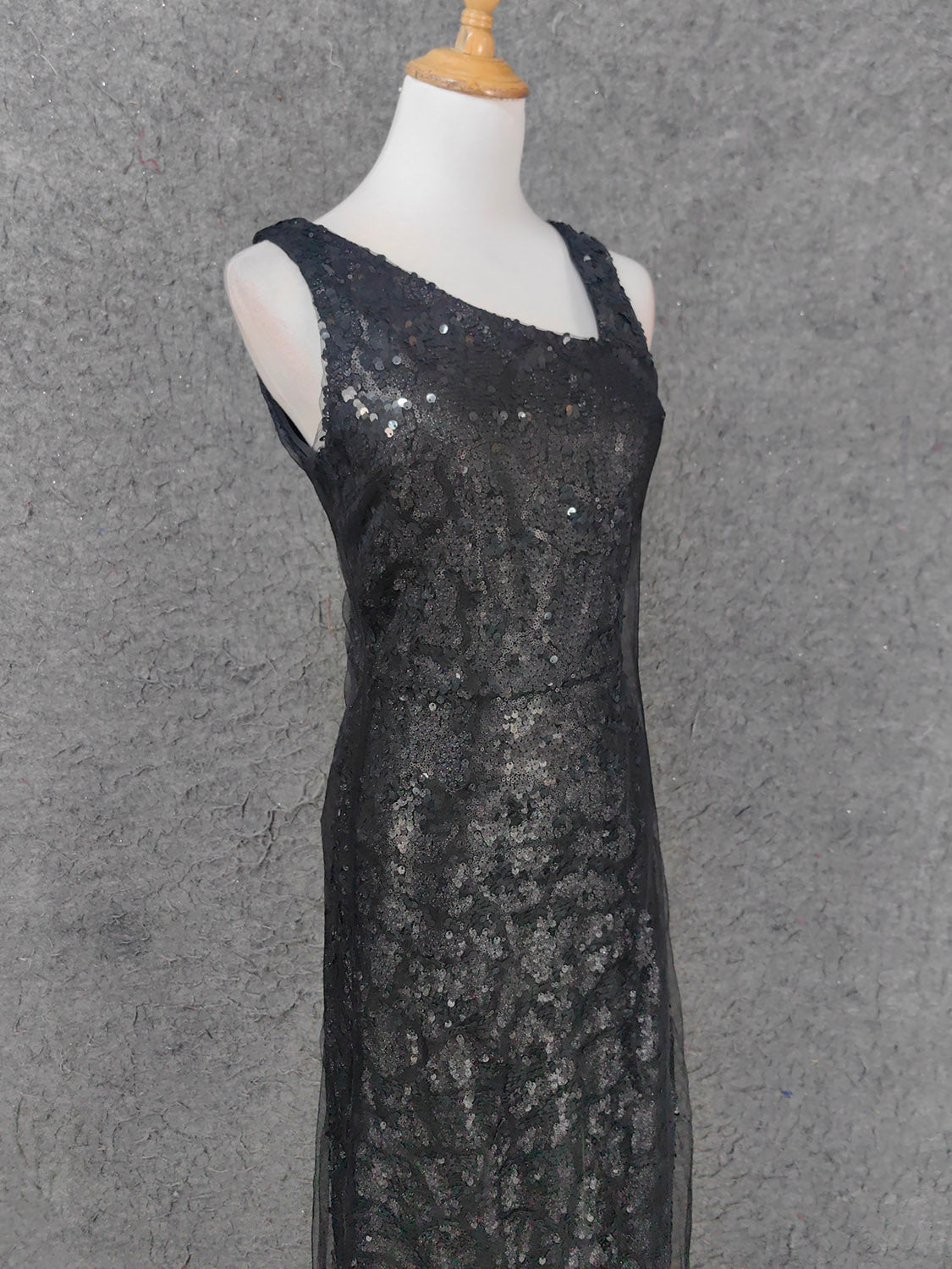 Classic Black Slim-Fit Asymmetric Neck Sequin Tulle Long Prom Dress Evening Dress
